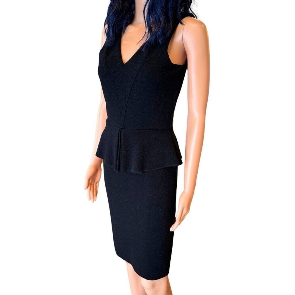 GANNI Anthropologie Eleanor Black Peplum V Neck Pencil Dress Small Cocktail - Picture 4 of 6